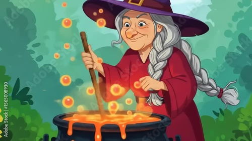 Enchanted witch brewing a potion in a forest, surrounded by vibrant greenery and magical orbs