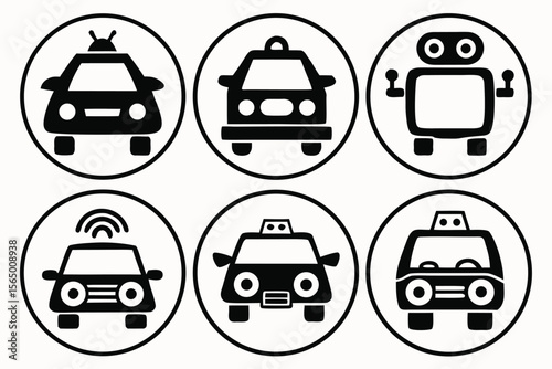 Collection of stylized car icons including taxis and a robot