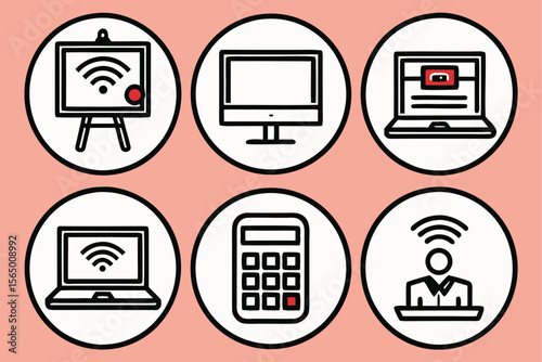 Set of six icons representing digital learning and technology concepts
