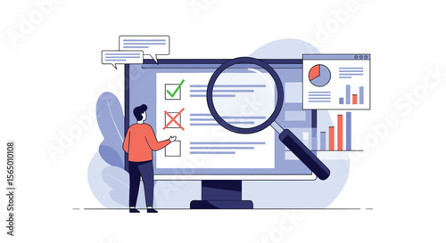 Analyzing digital data and performance metrics using a large computer screen and magnifying glass for clear insights