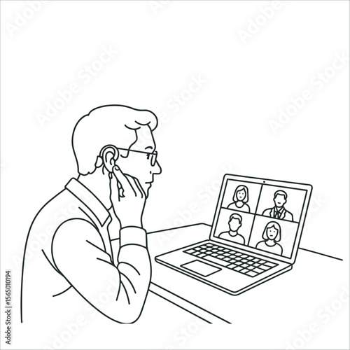 Man in a Video Conference Call with hearing aids.  Tech-Enhanced Communication
