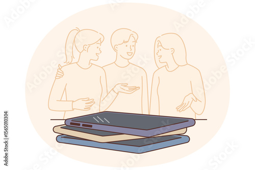 Happy people chatting by putting phones aside attending quiz party with questions