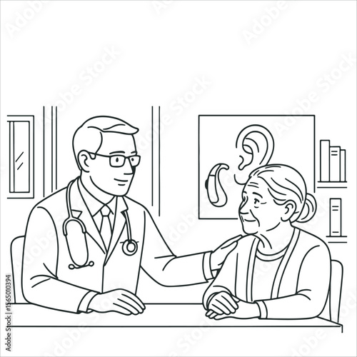 Geriatric Hearing Aid Consultation . Audiologist consulting with elderly patient about hearing