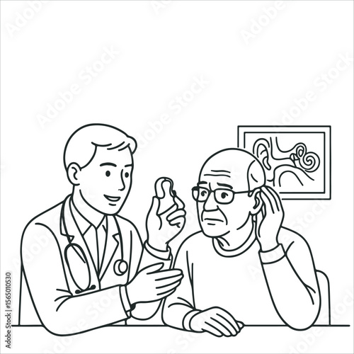 Geriatric Hearing Aid Consultation . Audiologist consulting with elderly patient about hearing
