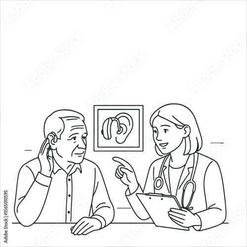 Audiologist consulting with a senior patient about hearing loss.  Hearing Aid Consultation.