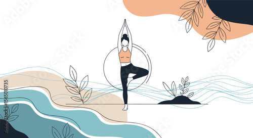 Woman in Tree Pose Practicing Yoga and Meditation with Abstract Nature Elements and Calming Wave Designs
