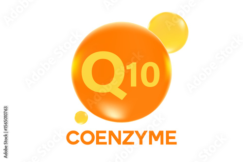 Vitamin Coenzyme q10 icon, glowing 3D molecule bubble isolated, transparent background. Healthy supplement nutrition, beauty product banner, vector infographic design element
