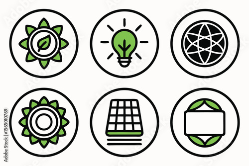 Set of six circular icons representing renewable energy and environmental concepts