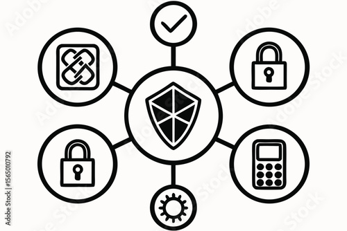 Cybersecurity concept with shield locks checkmark calculator and network icons