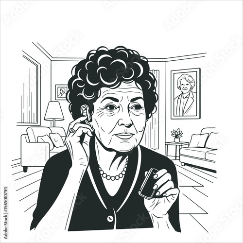 Elderly Woman Adjusting Hearing Aid in a Living Room