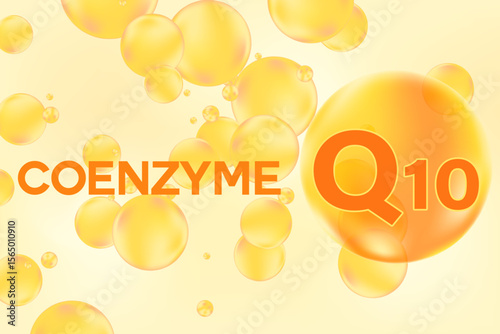 Vitamin Coenzyme q10 glowing 3D molecule or bubble, watercolor gradient background. Rich fluid orange color flowing bubbles, supplement nutrition, beauty product banner, presentation, infographic