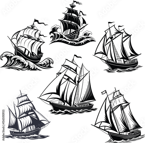 Classic nautical ship illustration with detailed hull and sails in vector format