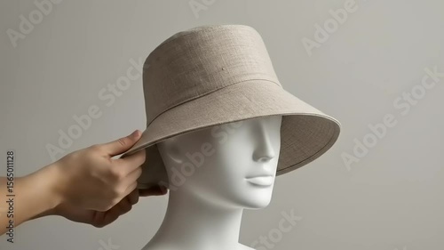 Person adjusting a beige bucket hat on a mannequin against a neutral background, showcasing fashion styling
