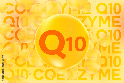 Vitamin Coenzyme q10 glowing 3D molecule or bubble, watercolor gradient background. Rich fluid orange color flowing bubbles, supplement nutrition, beauty product banner, presentation, infographic