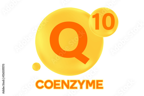 Vitamin Coenzyme q10 icon, glowing 3D molecule bubble isolated, transparent background. Healthy supplement nutrition, beauty product banner, vector infographic design element