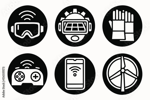 Collection of technology icons representing virtual reality gaming and renewable energy