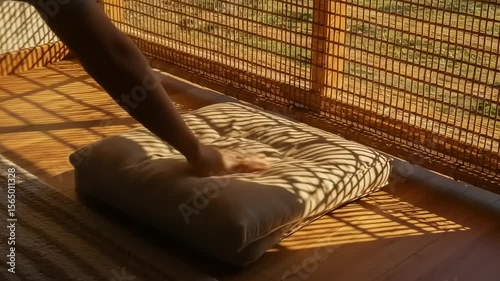 Person adjusting cushions in a sunlit room with patterned shadows on wooden floor and windows
