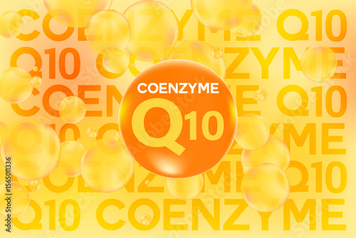 Vitamin Coenzyme q10 glowing 3D molecule or bubble, watercolor gradient background. Rich fluid orange color flowing bubbles, supplement nutrition, beauty product banner, presentation, infographic