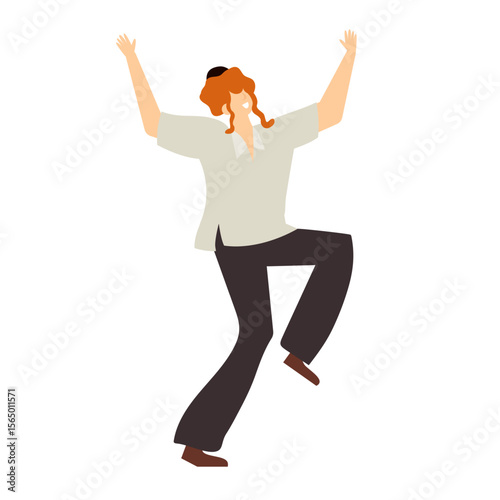 Jewish man dancing Hasidic dance. Man dressed in traditional Jewish clothes. celebration of Jewish holidays Sukkot and Simhat Tora and Simchat Beit HaShoeivah