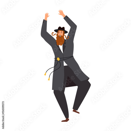 Jewish man dancing Hasidic dance. Man dressed in traditional Jewish clothes. celebration of Jewish holidays Sukkot and Simhat Tora and Simchat Beit HaShoeivah