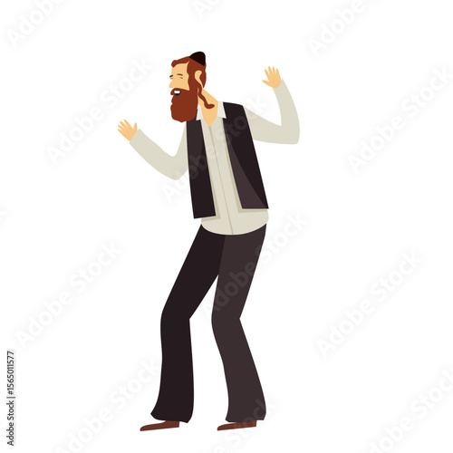 Jewish man dancing Hasidic dance. Man dressed in traditional Jewish clothes. celebration of Jewish holidays Sukkot and Simhat Tora and Simchat Beit HaShoeivah