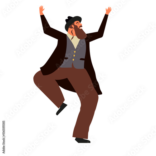 Jewish man dancing Hasidic dance. Man dressed in traditional Jewish clothes. celebration of Jewish holidays Sukkot and Simhat Tora and Simchat Beit HaShoeivah