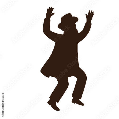 Jewish man hasidic dancing. Flat vector silhouettes. Black on a white background. The figures are dressed in long coats and sashes fluttering to the sides as they move
