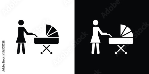 Woman with Baby Stroller icon silhouette vector flat illustration design pack.