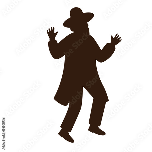 Jewish man hasidic dancing. Flat vector silhouettes. Black on a white background. The figures are dressed in long coats and sashes fluttering to the sides as they move