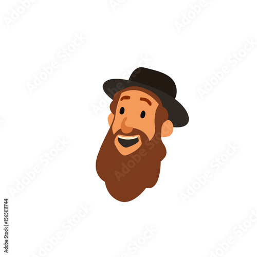 Jewish orthodox smiling man face in cartoon style. Jewish man wearing traditional hat and kippah. Jewish man celebrates Sukkot, Simchat Torah and Simchat Beis HaShoeivah