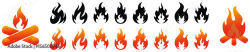 Cartoon flame. Fire fireball, red hot campfire, yellow heat wildfire and bonfire, burn power fiery silhouettes isolated vector illustration set. Fireball power light, flame bonfire energy