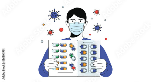 Person wearing mask holding blister packs of medication with viruses around them symbolizing health and medicine