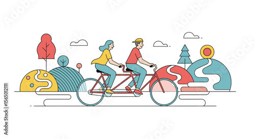 A Joyful Tandem Bicycle Ride Through a Picturesque Landscape on a Sunny Day