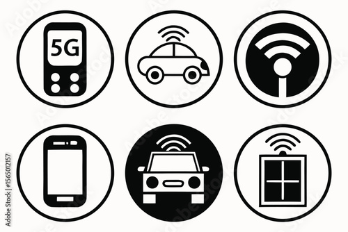 Collection of icons representing 5g technology and connected devices