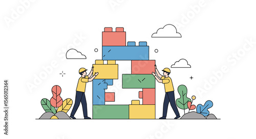 Two engineers constructing a colorful building structure from interlocking blocks symbolizing teamwork and project development