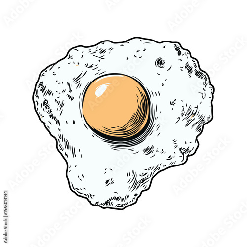 Realistic Fried egg illustration in detailed hand-drawn etching style on a clean white background, symbolizing nature, food, and simplicity