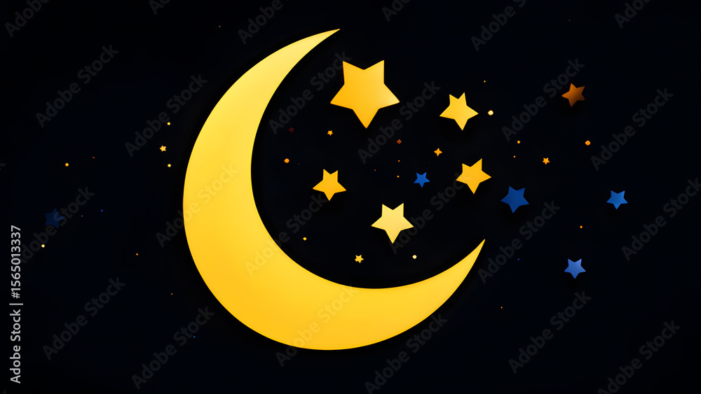 Fototapeta premium Minimalist Crescent Moon in Pitch-Black Sky with Faint Star Clusters Modern Vector Design