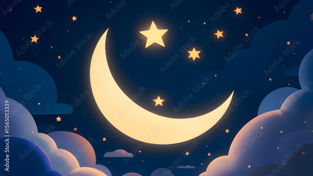 Naklejka premium Minimalist Crescent Moon in Pitch-Black Sky with Faint Star Clusters Modern Vector Design