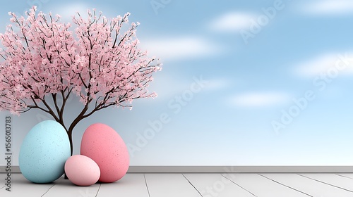 Pastel Easter eggs, blossom tree, light blue sky
