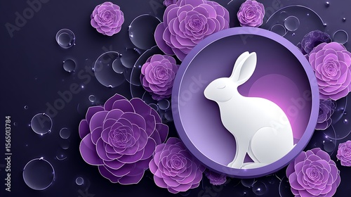 Paper art rabbit and flowers