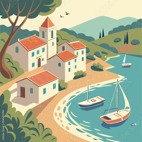 Mediterranean landscape with town and boats