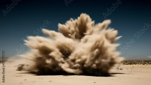 Explosion of dust and debris in a barren desert landscape under a clear blue sky