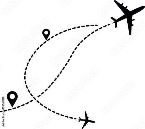 Airplane with curved and twisted dashed route vector. flying plane with looping dotted line path