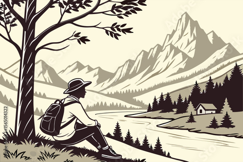 man sitting under tree and enjoying beautifull view of mountains,lake,and trees.