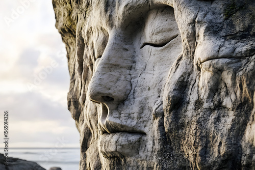 Rock Formation Resembling a Human Face by the Sea