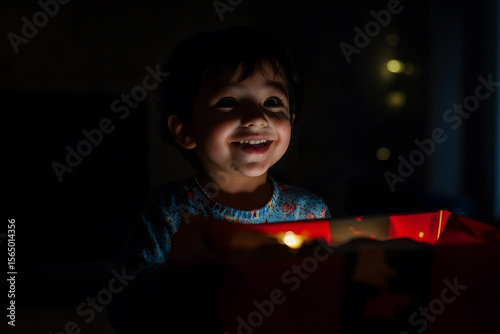 Child's Face Lit with Joy While Opening a Magical Gift