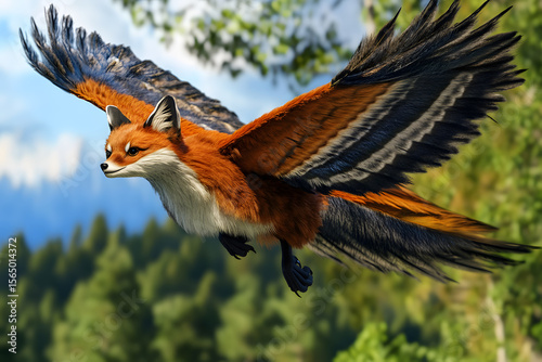 Flying Fox-Bird Hybrid Soaring Over Forest Landscape