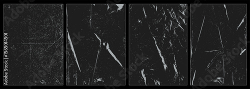 Vintage overlay textures with folded paper look, distressed scratches, dusty grunge marks, torn edges, and punk style creases. Ideal for damaged film frames, retro effects, or raw design. Vector.