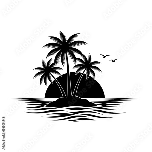 A tropical island with palm trees at sunset, isolated on white background