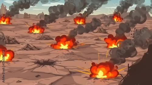 Explosive devastation in a war-torn landscape with smoke and fire amidst a barren ground
